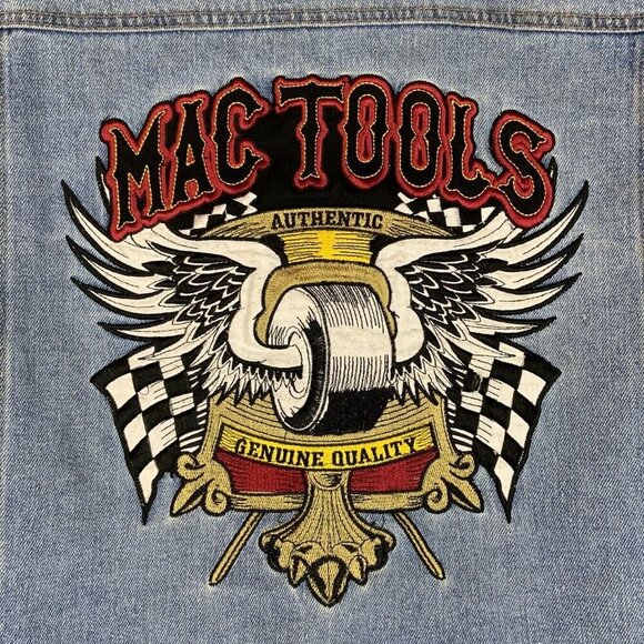 Mac Tools Denim Trucker Jacket Mens L Embroidered Racing Auto Mechanic Style - Picture 2 of 9